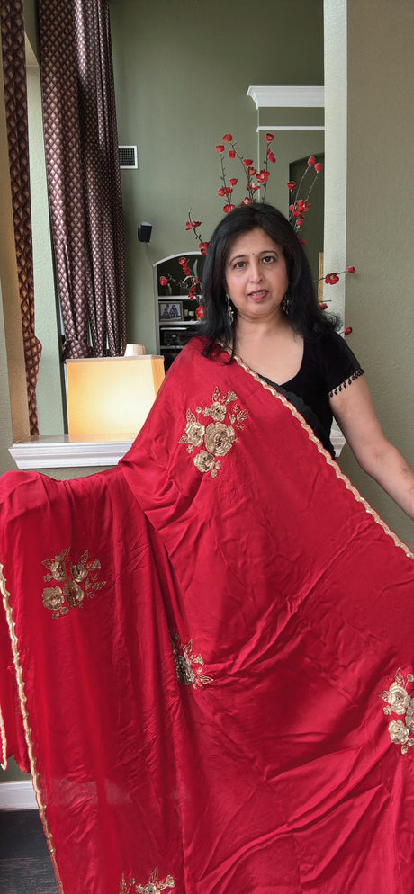 Red Chiffon Satin With Antique Gold Aari Motifs