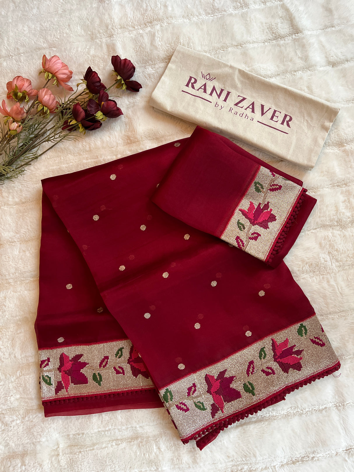 Burgundy  Pure Organza With Embroidered Borders