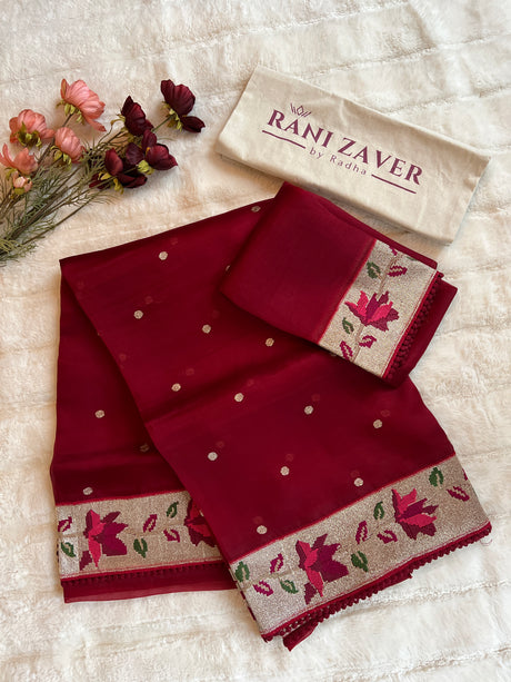 Burgundy  Pure Organza With Embroidered Borders
