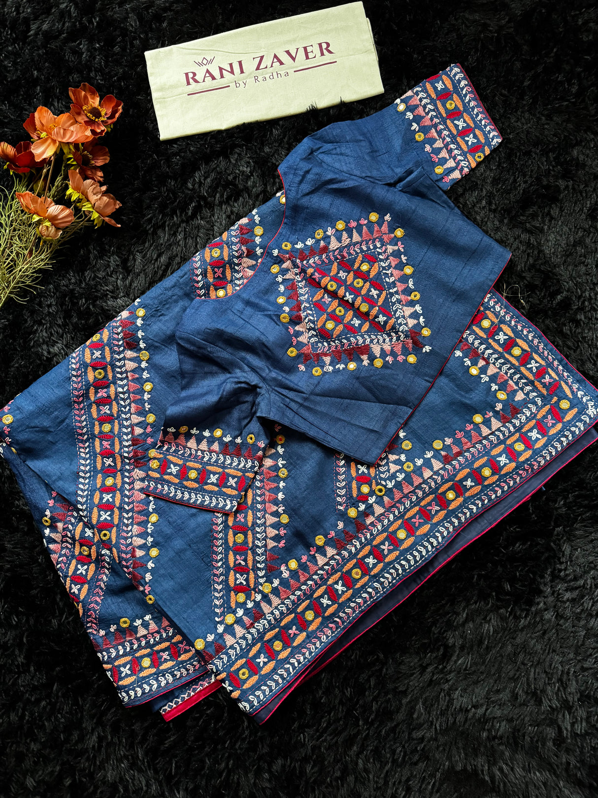 Navy Blue Kathiawadi Hand Embroidered