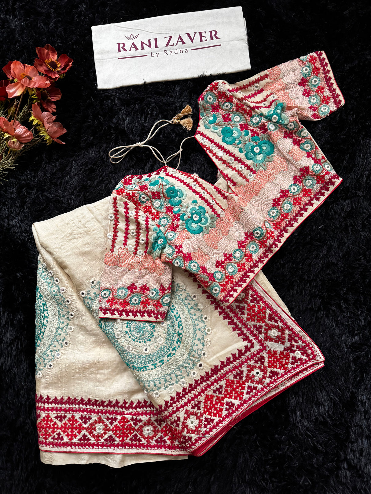 Ivory Tussar Silk Gujrathi Kutch Work Hand Embroidery Red Border