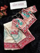 Ivory Tussar Silk Gujrathi Kutch Work Hand Embroidery Red Border