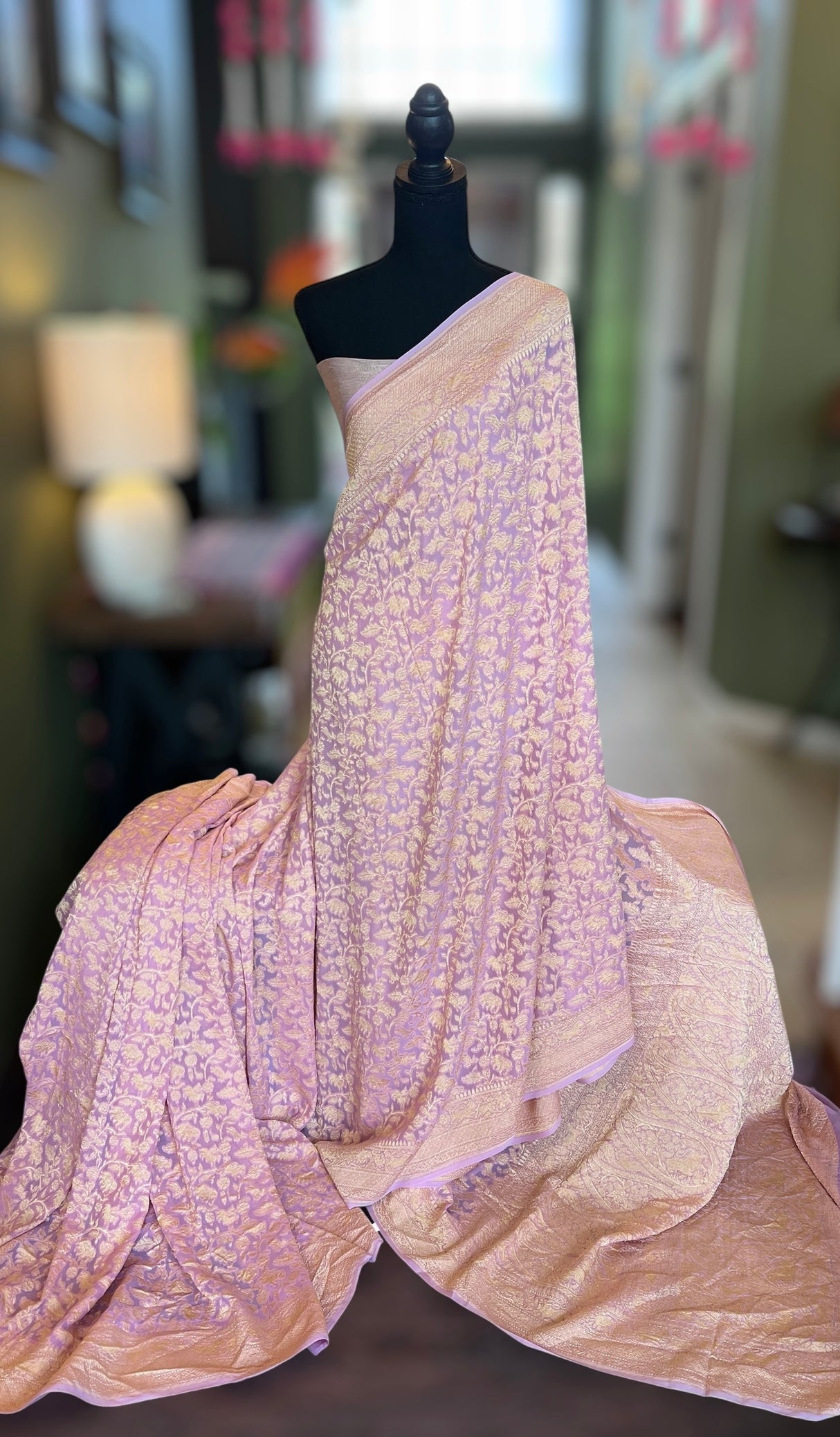 Pure Khaddi Crepe Georgette Shikargah Banarasi Handloom Saree