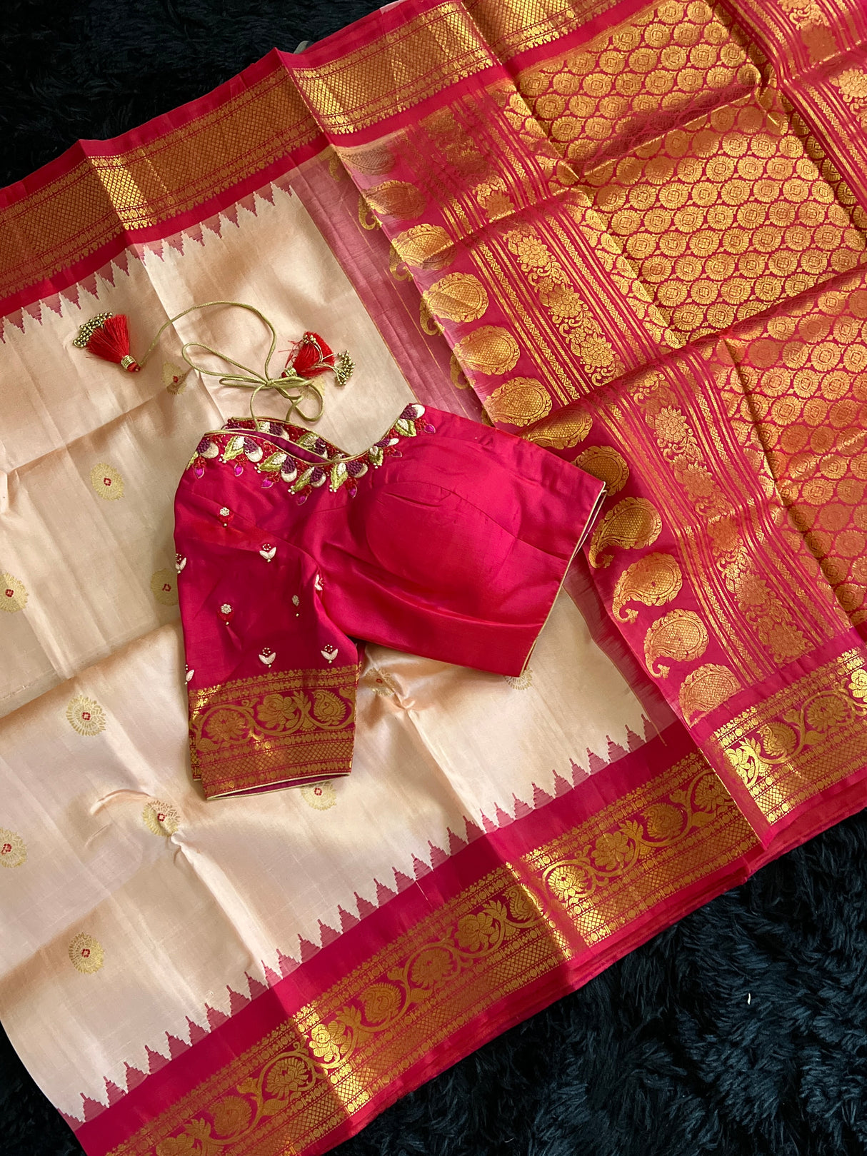gadwal saree with blouse pastel pink and rani pink
