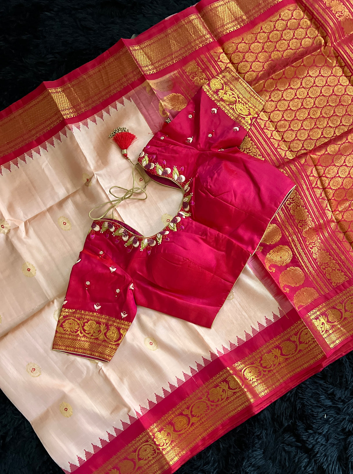 gadwal saree with blouse pastel pink and rani pink
