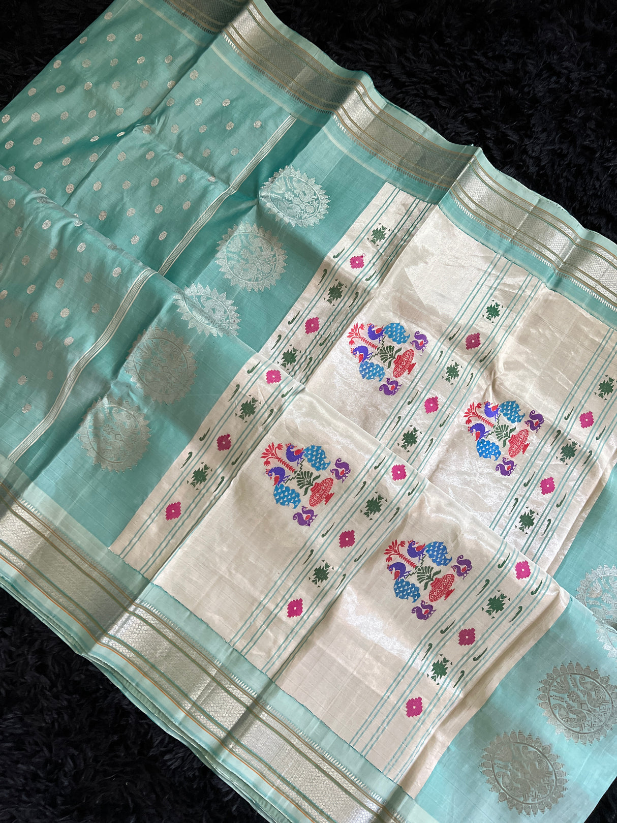 Maharani Kalanjali Pastel shade (Powder blue) Silver Zari Paithani Handloom Pure Silk