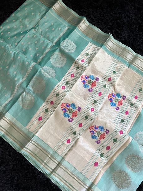 Maharani Kalanjali Pastel shade (Powder blue) Silver Zari Paithani Handloom Pure Silk
