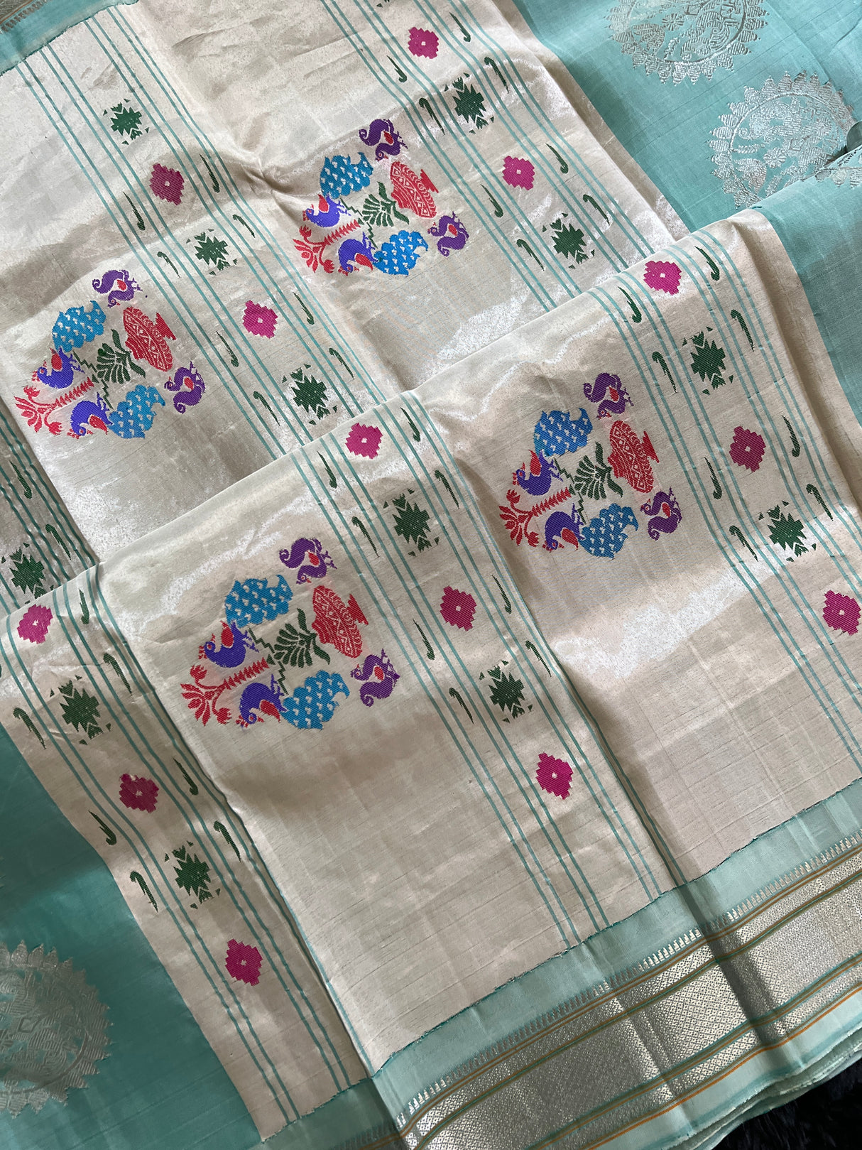 Maharani Kalanjali Pastel shade (Powder blue) Silver Zari Paithani Handloom Pure Silk
