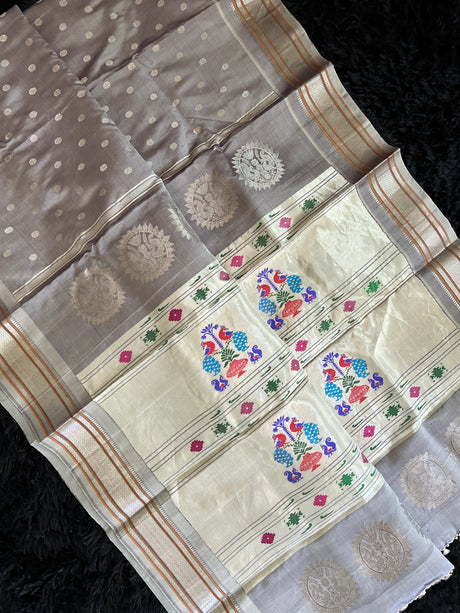 Maharani Kalanjali Paithani Pastel Shade (Mauve grey mix)  Silver Zari Handloom Pure Silk