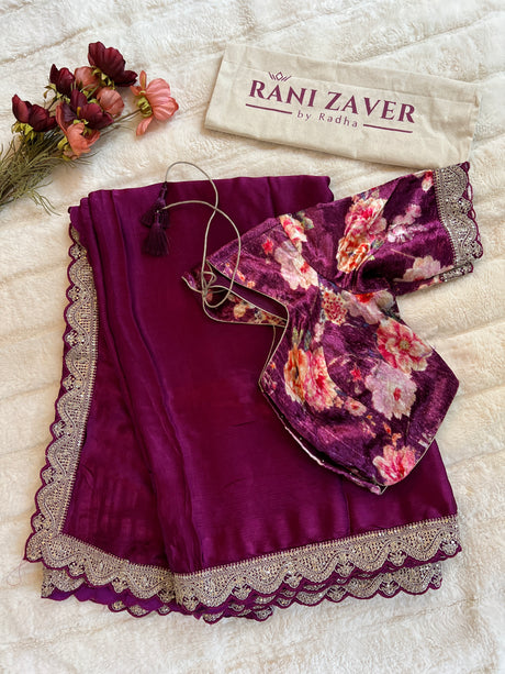 Deep Magenta Satin Chiffon Crepe With Velvet Blouse
