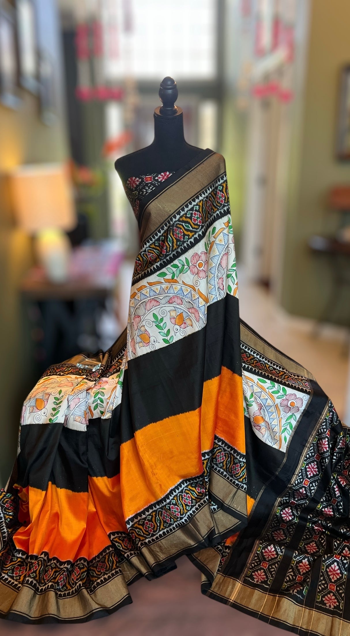Madhubani Hand painting on Ikkat Pure Silk