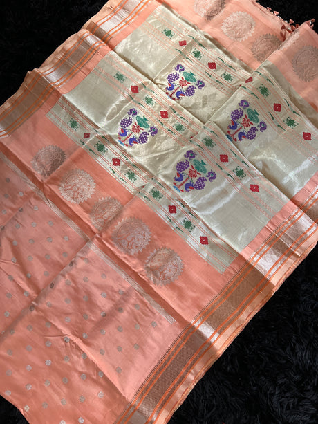 Maharani Kalanjali Pastel shade (peach pink mix) Silver Zari Paithani Handloom Pure Silk