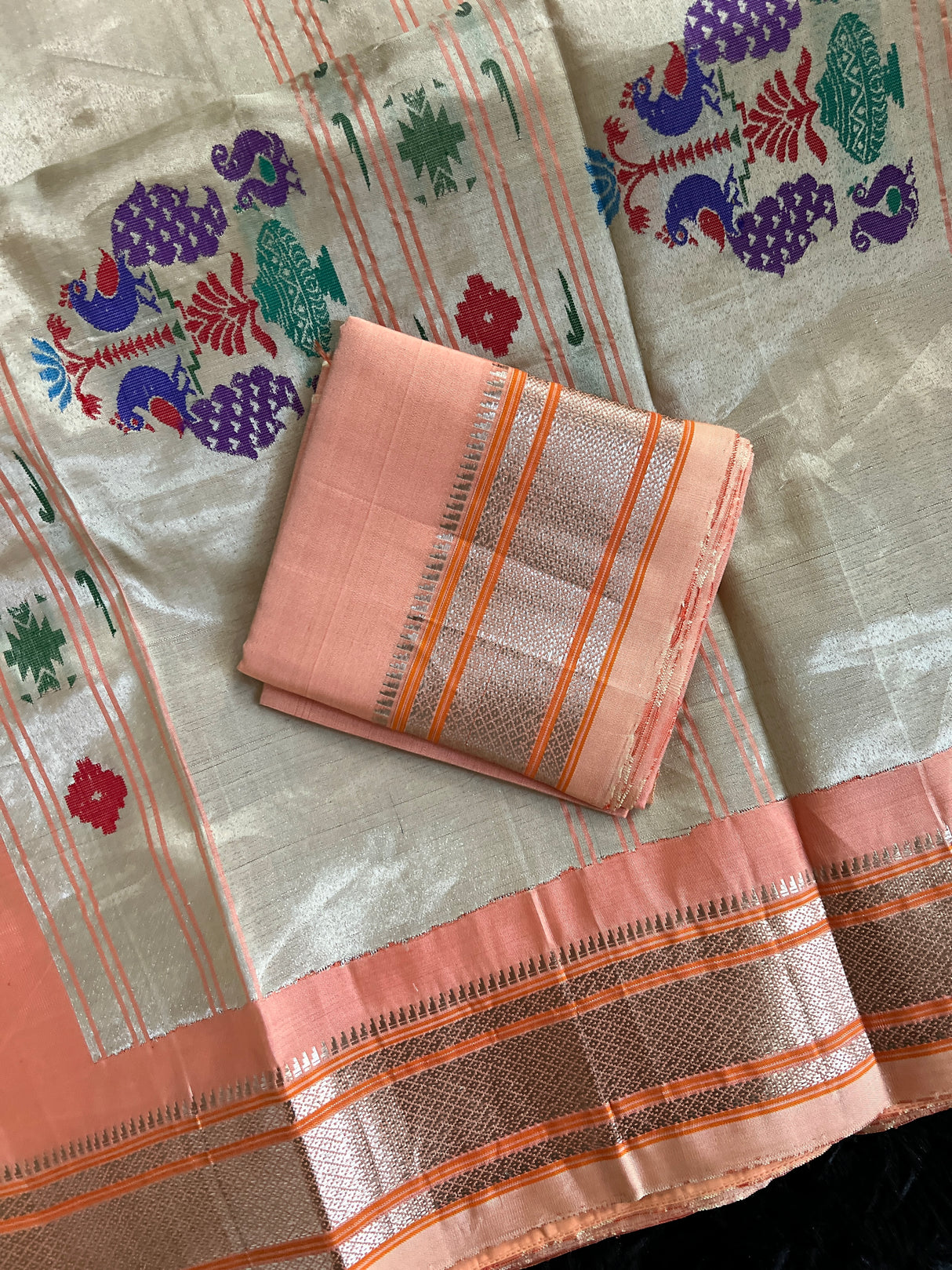 Maharani Kalanjali Pastel shade (peach pink mix) Silver Zari Paithani Handloom Pure Silk
