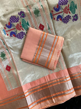 Maharani Kalanjali Pastel shade (peach pink mix) Silver Zari Paithani Handloom Pure Silk