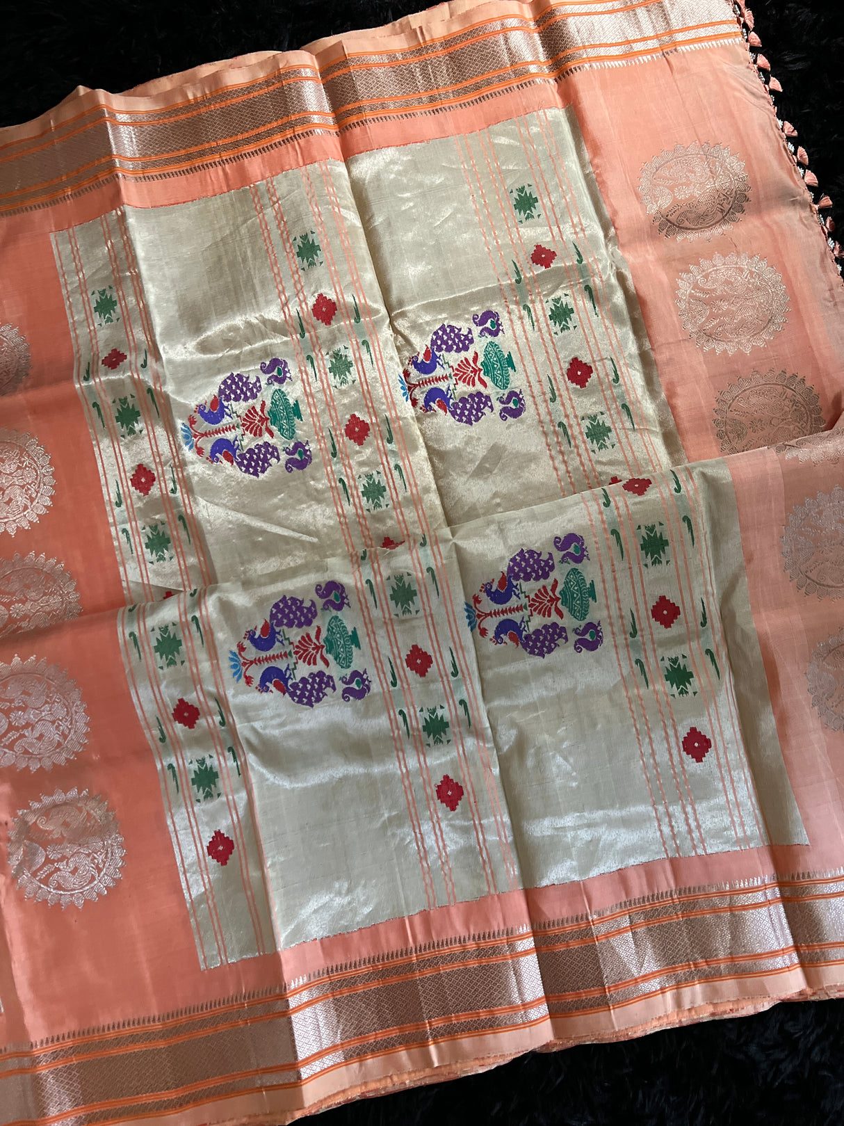 Maharani Kalanjali Pastel shade (peach pink mix) Silver Zari Paithani Handloom Pure Silk