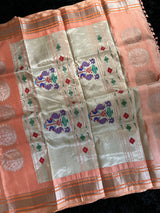 Maharani Kalanjali Pastel shade (peach pink mix) Silver Zari Paithani Handloom Pure Silk