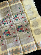 Maharani Kalanjali Pastel shade (custard cream) Silver Zari Paithani Handloom Pure Silk