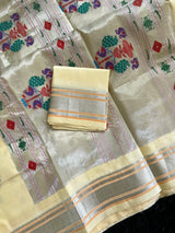 Maharani Kalanjali Pastel shade (custard cream) Silver Zari Paithani Handloom Pure Silk