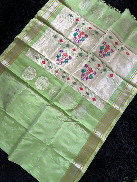 Maharani Kalanjali Pastel shade (pista green) Silver Zari Paithani Handloom Pure Silk