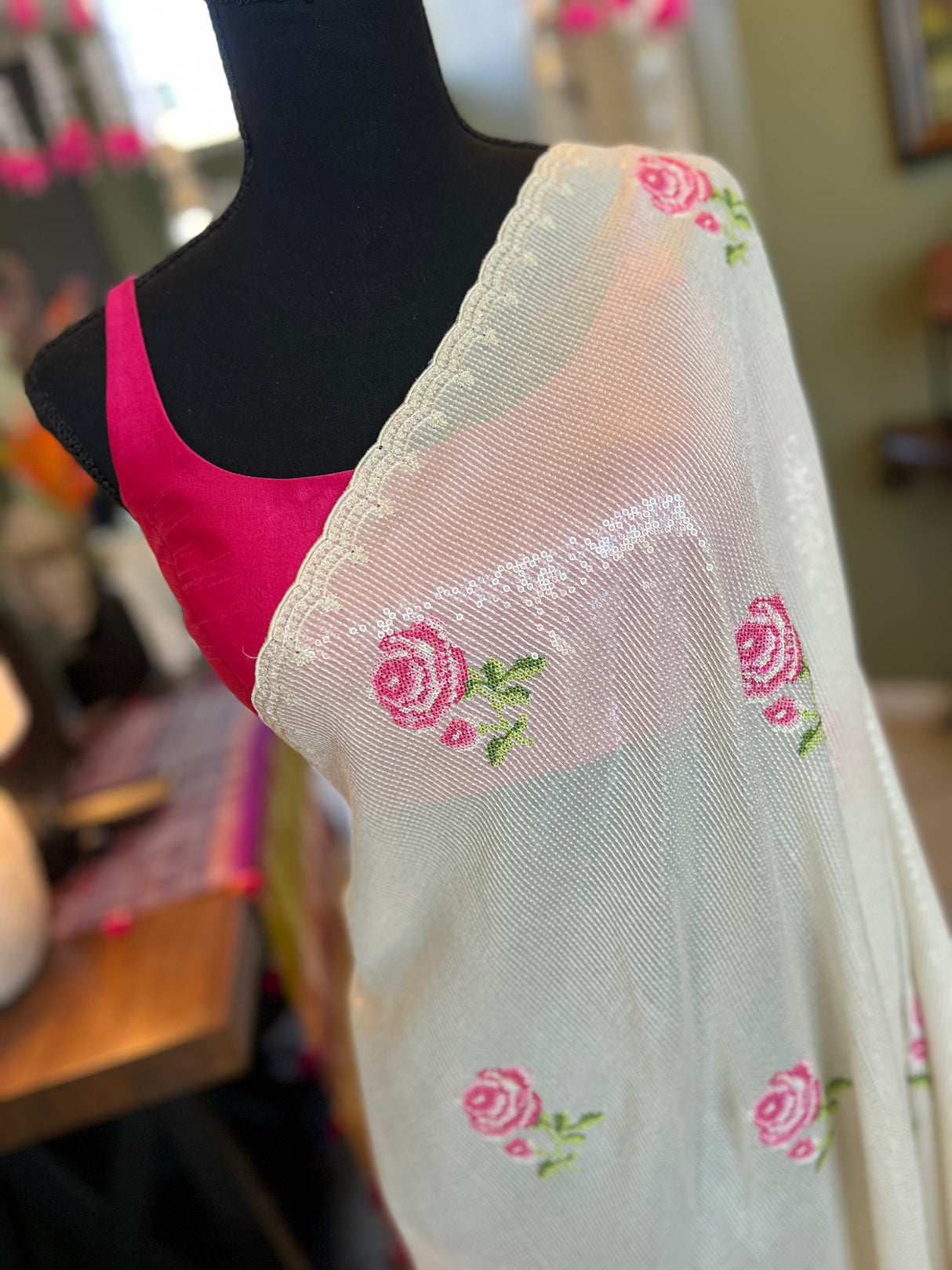 Ivory Sequins on Pure Georgette with rose design