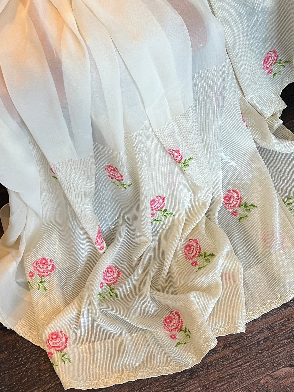 Ivory Sequins on Pure Georgette with rose design