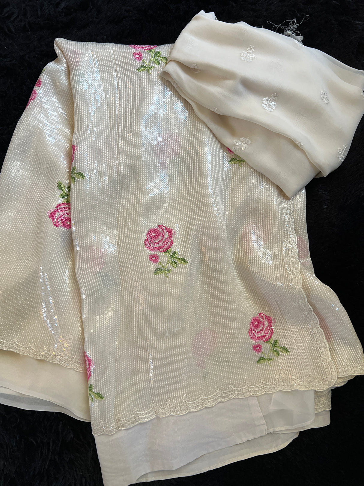 Ivory Sequins on Pure Georgette with rose design