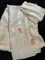 Ivory Sequins on Pure Georgette with rose design