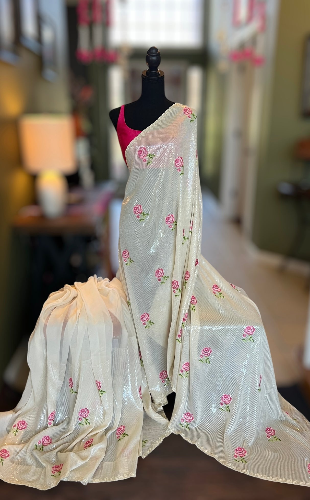 Ivory Sequins on Pure Georgette with rose design