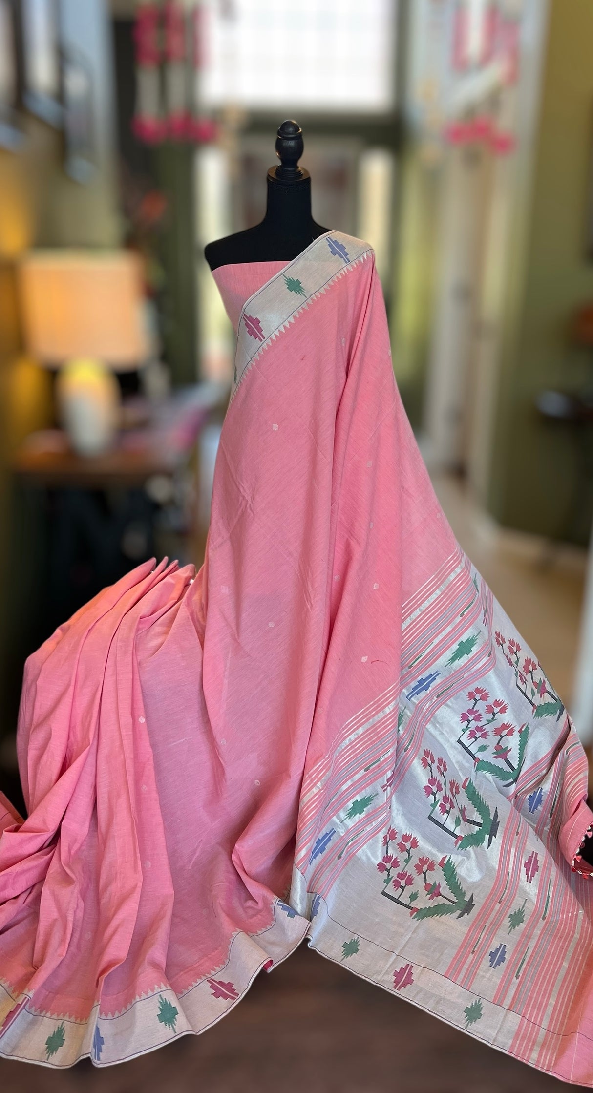 Baby Pink Barav Panja Handloom Pure Cotton Paithani