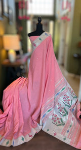Baby Pink Barav Panja Handloom Pure Cotton Paithani
