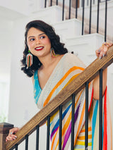 Multi Colored striped Pure  Georgette Party Saree with  36 Double frill Blouse