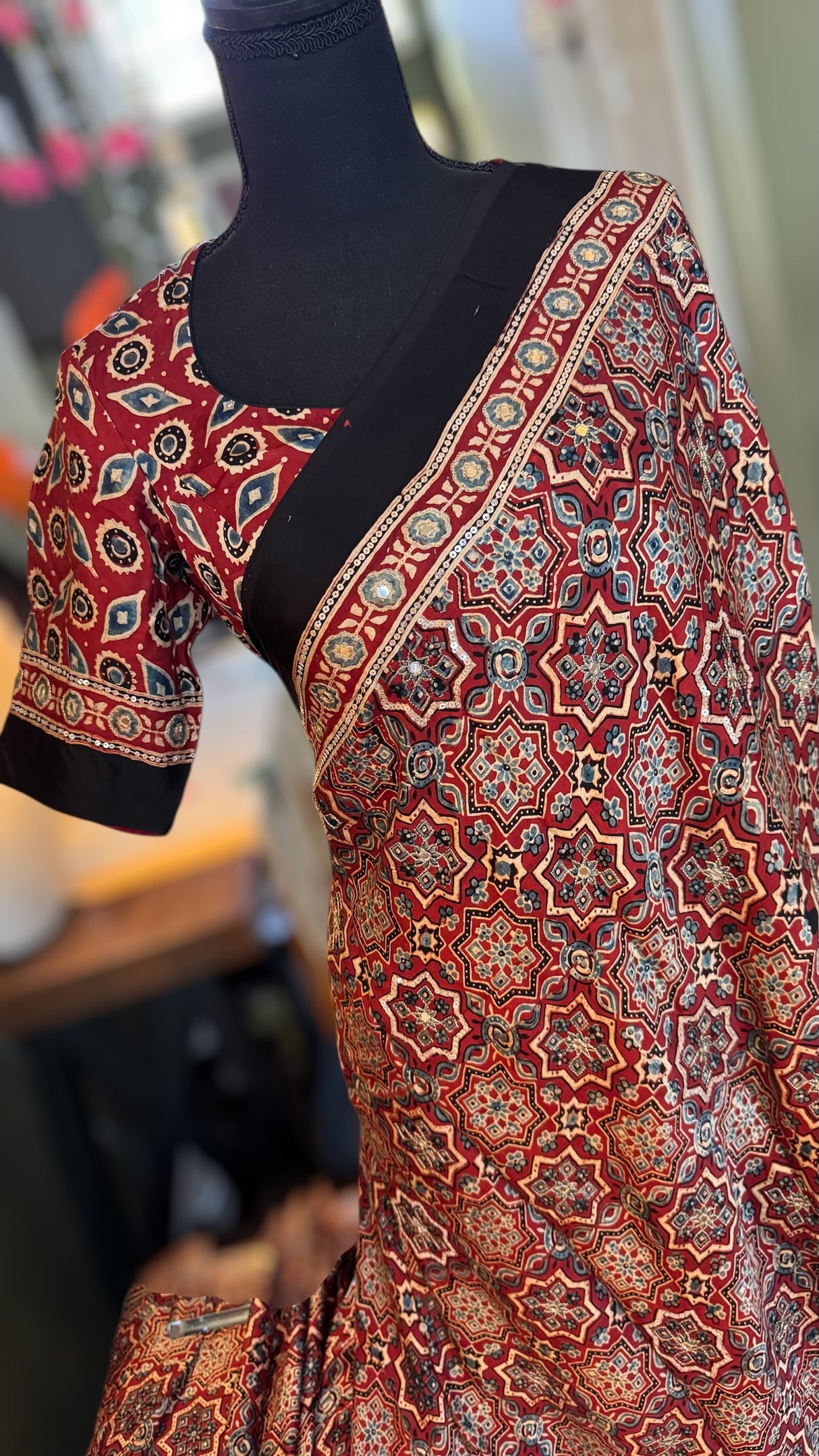 Ajrakh on Modal With Embroidery