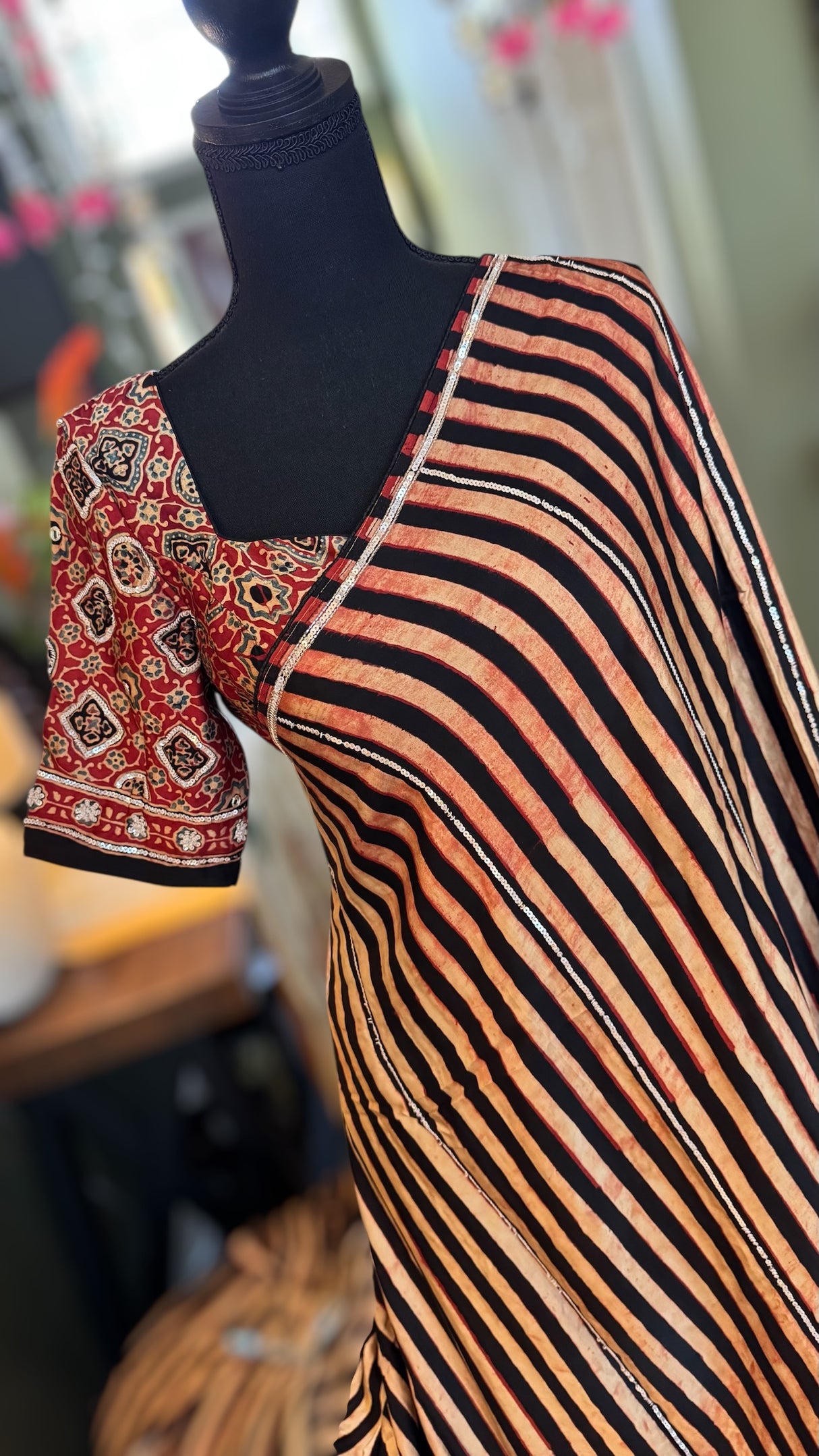 Ajrakh on Modal With Embroidery