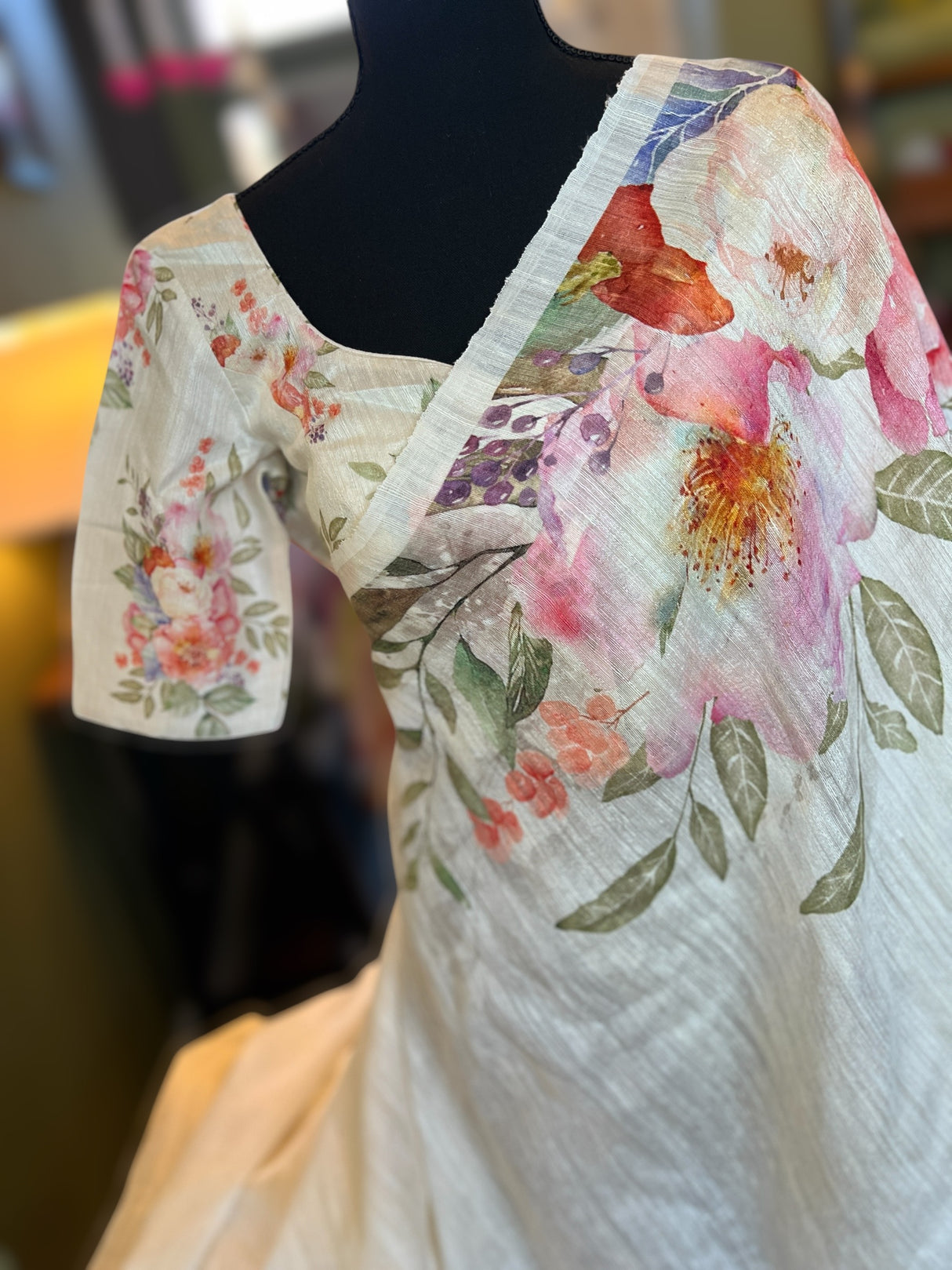 Floral Matka Silk With Pre-Stitched Blouse