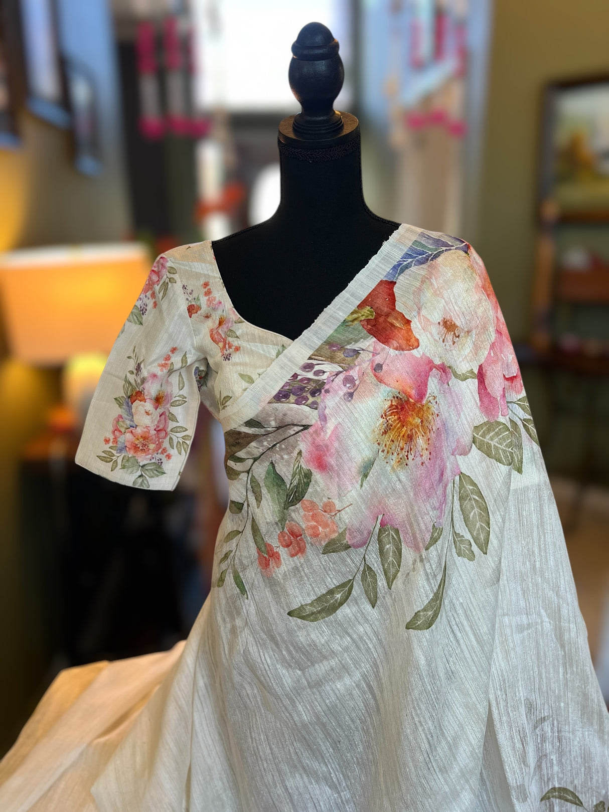 Floral Matka Silk With Pre-Stitched Blouse