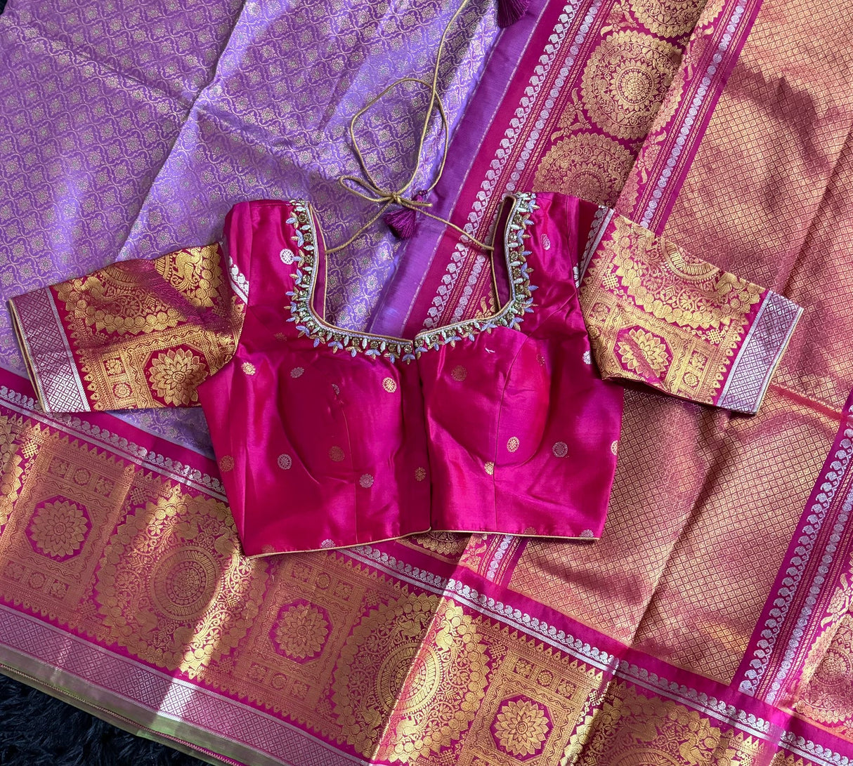 Kanchi Gadwal BROCADE Handloom Pure Silk  with Pre-Stitched Blouse Lavender