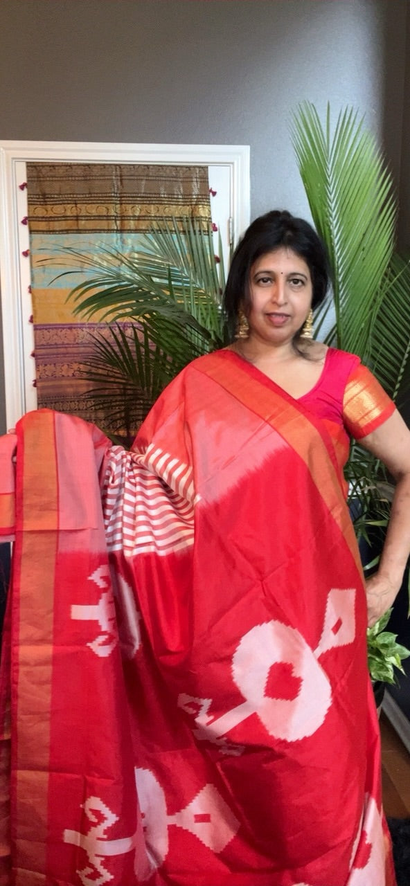 Red White Cambodian Design Ikkat Handloom Pure Silk