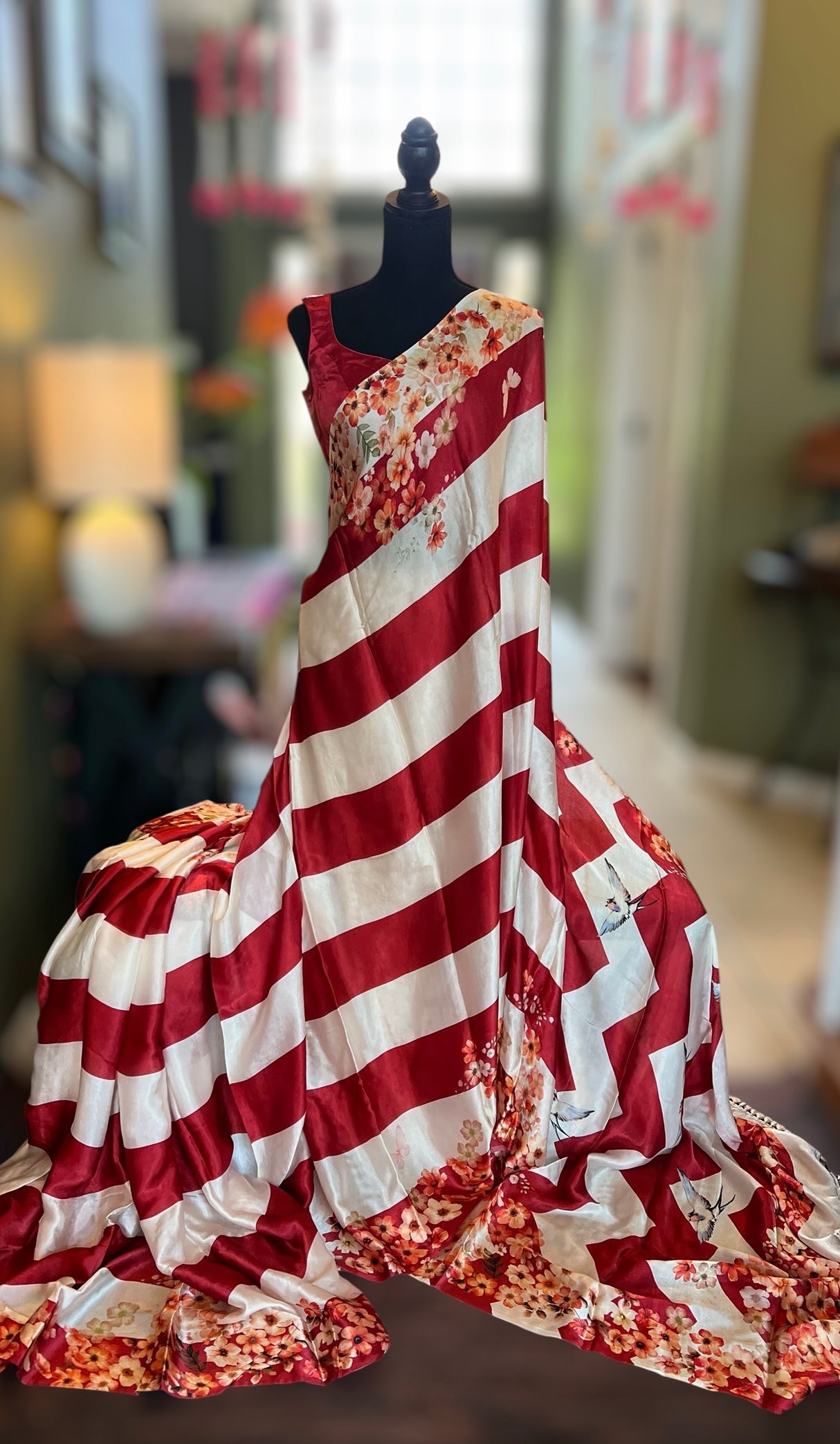 White Red Stripes Satin Chiffon Trisha Saree
