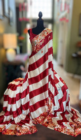 White Red Stripes Satin Chiffon Trisha Saree