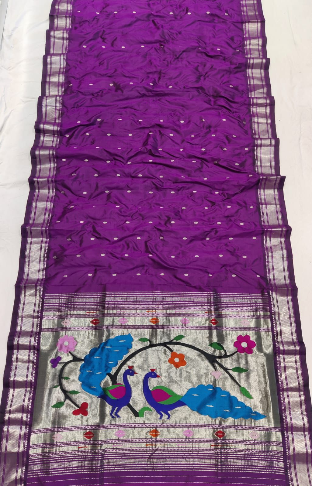 Yeola Paithani Naarali Border Silver Zari Handloom Pure Silk With Pre-Stitched Blouse AUS