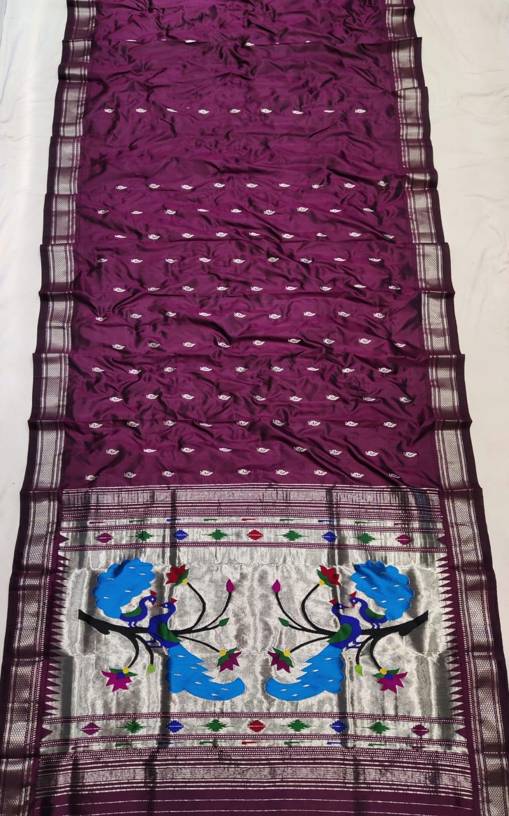 Yeola Paithani Naarali Border Silver Zari Handloom Pure Silk With Pre-Stitched Blouse AUS