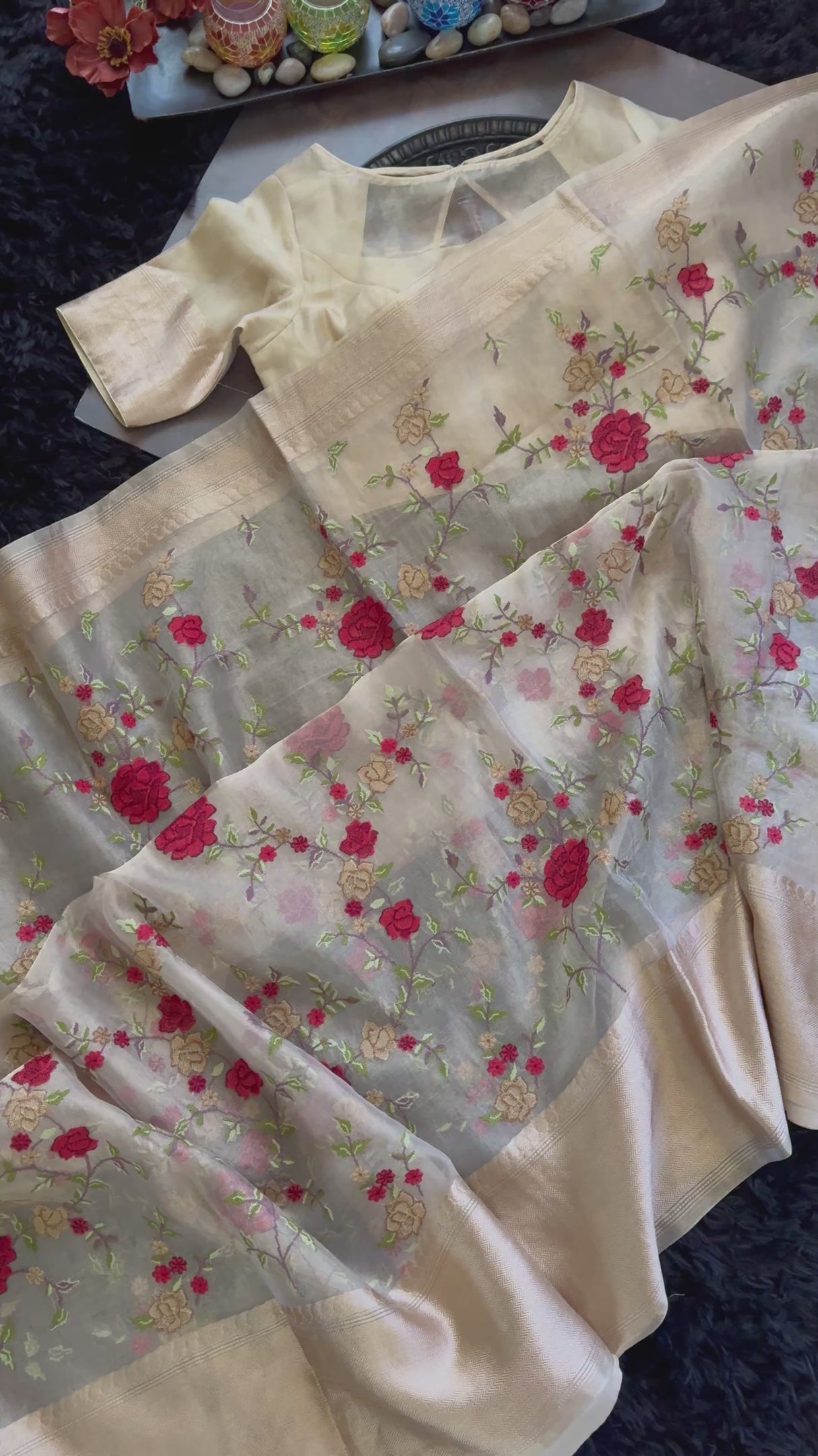 Beige Embroidered Banaras Kora