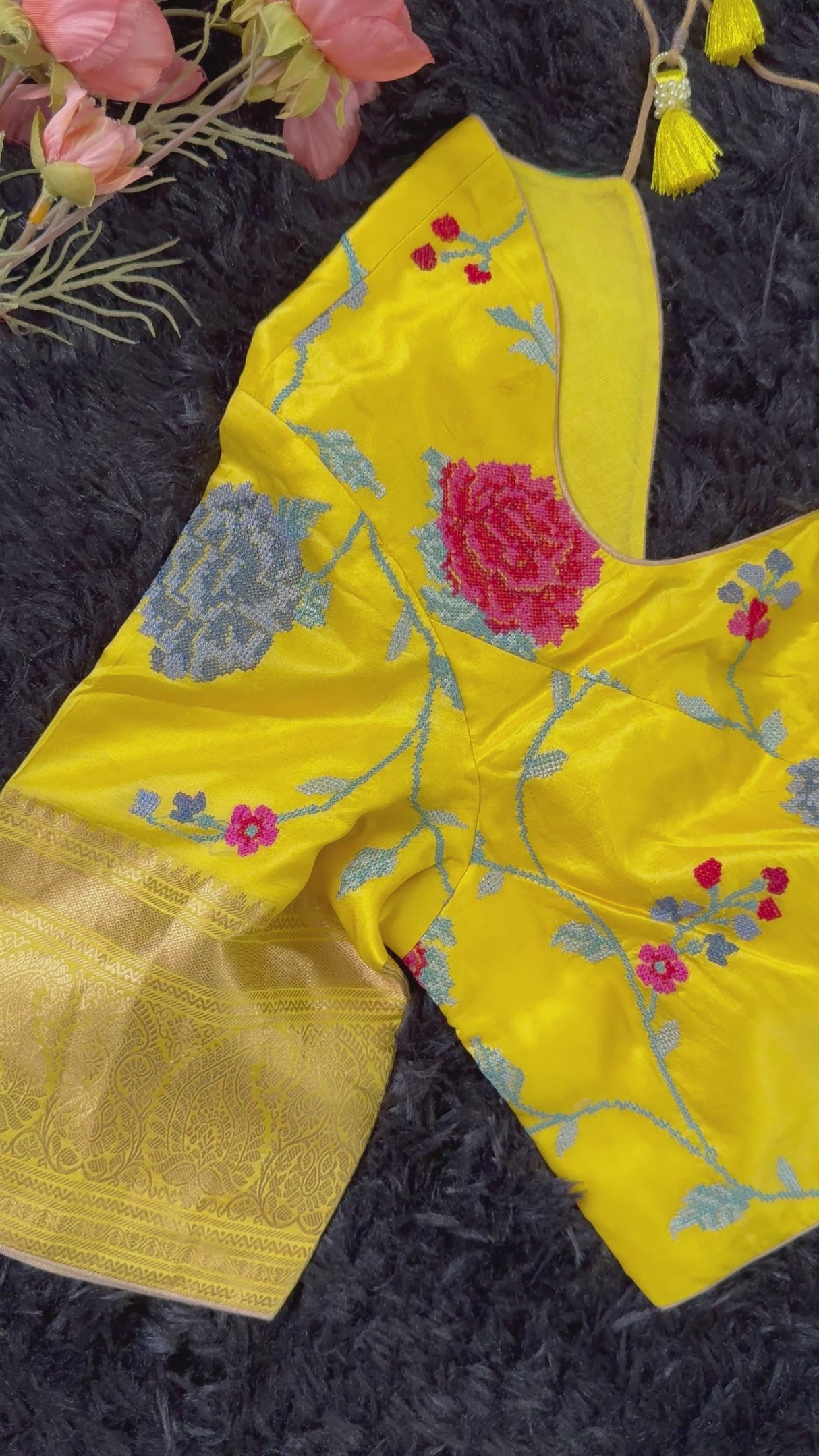 Yellow Cross Stitch Floral Embroidered Blouse 38