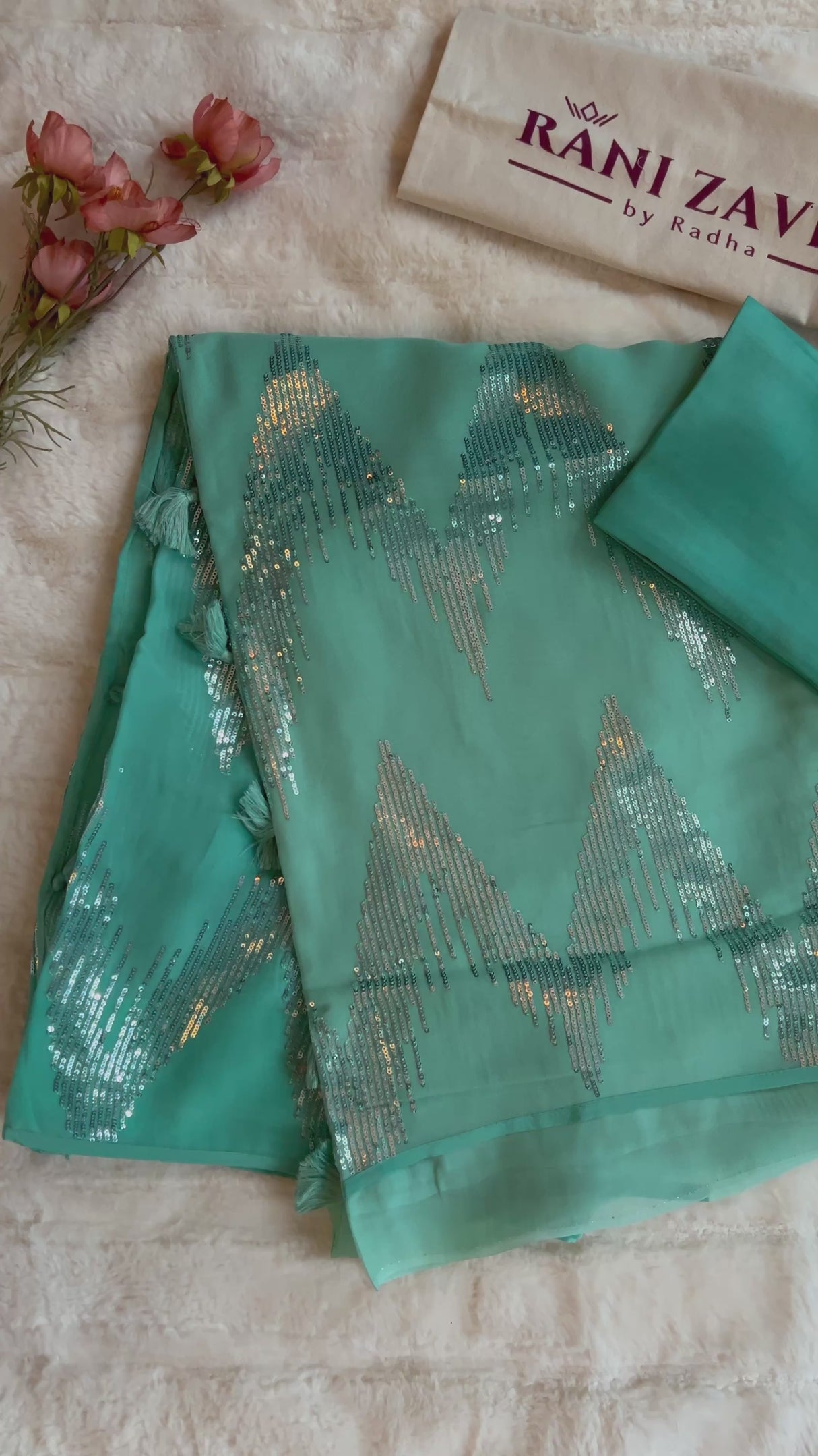 Soft sequence work sea green color pure Georgette Party Saree AUS