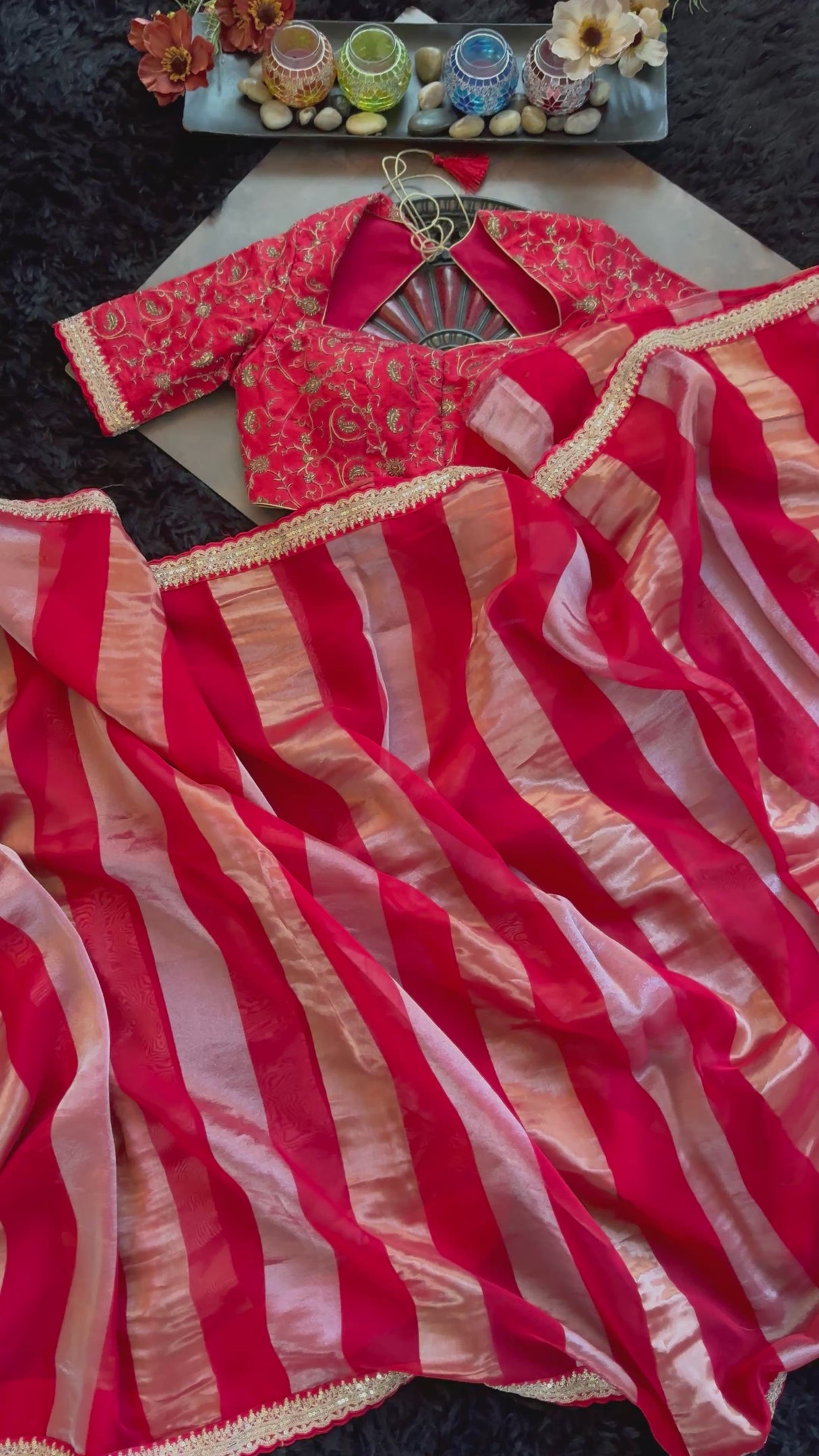 Red Organza abd Tissue Stripes With embroidered Blouse